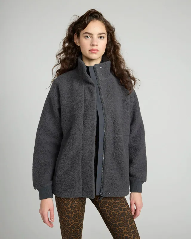 The Soft Sherpa and Crinkle Trim GRS Certified Recycled Poly Fleece Jacket - Black Oyster sold by Mondetta