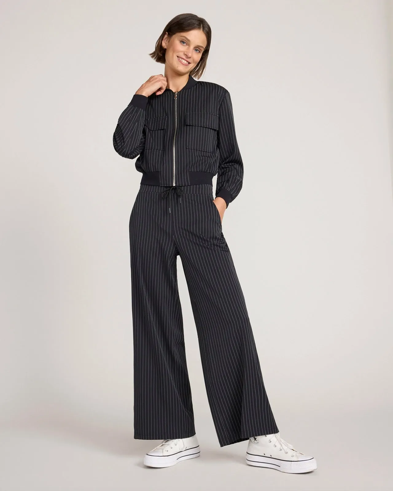 The Soft Stretch Pinstripe Cropped Jacket - Black Pinstripe sold by Mondetta product image thumbnail 2