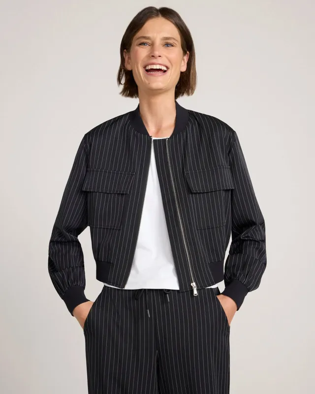 The Soft Stretch Pinstripe Cropped Jacket - Black Pinstripe made by Mondetta