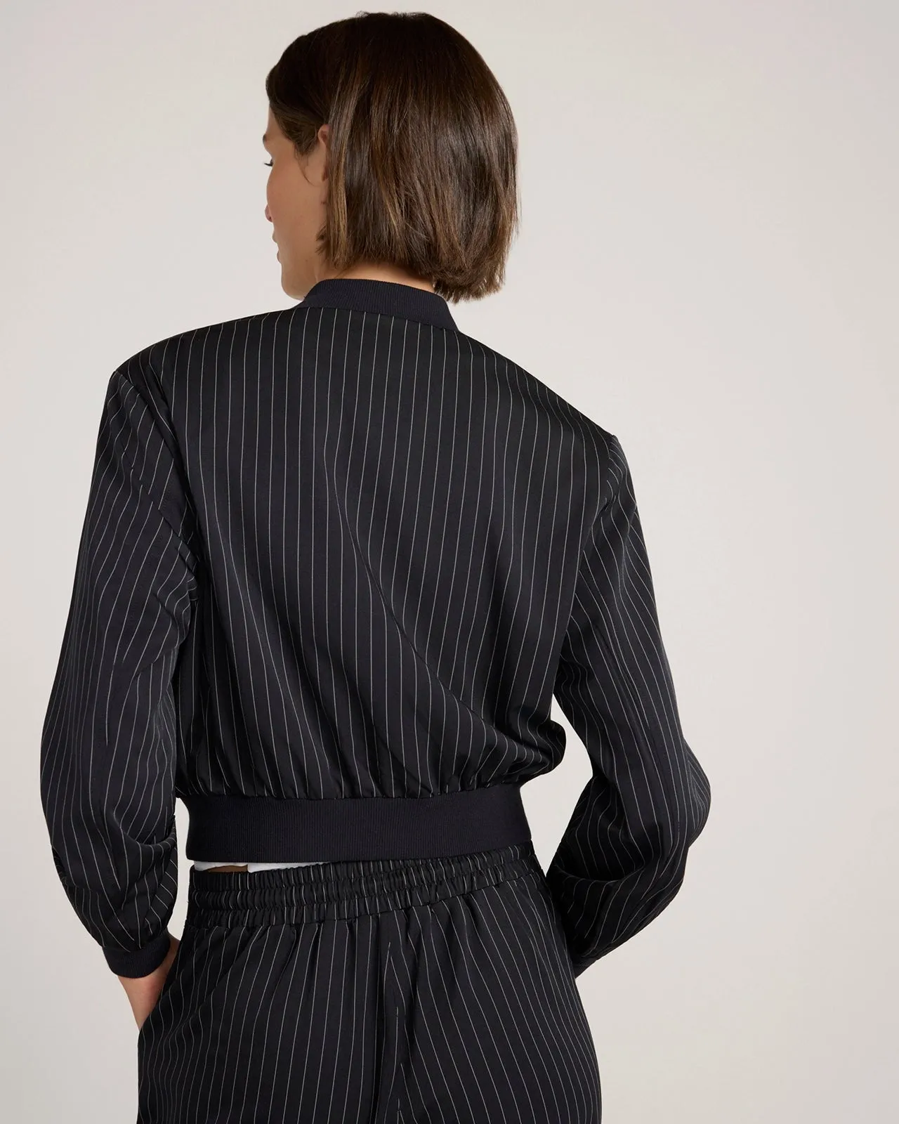 The Soft Stretch Pinstripe Cropped Jacket - Black Pinstripe sold by Mondetta product image thumbnail 4