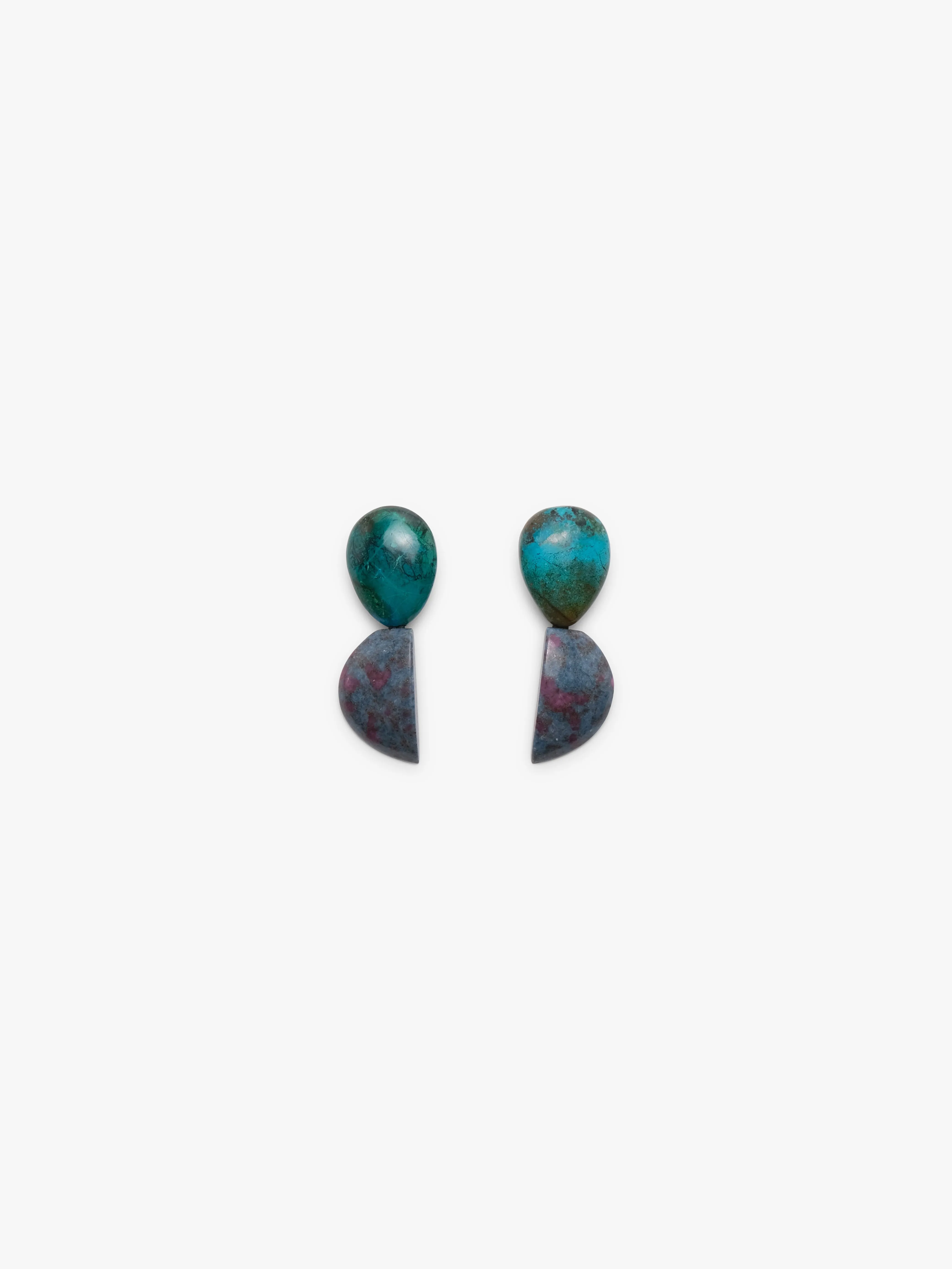 Earrings: chrysocolla, ruby sold by Monies