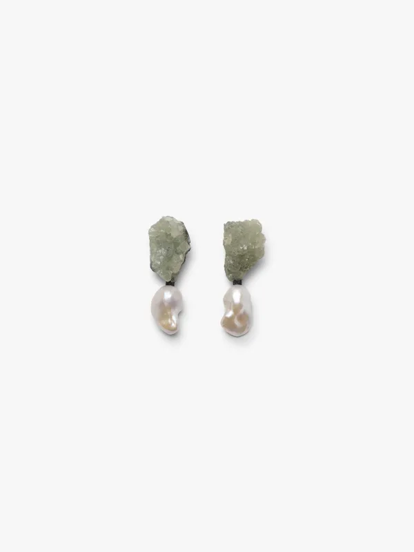 Earrings: prehnite, baroque pearl sold by Monies