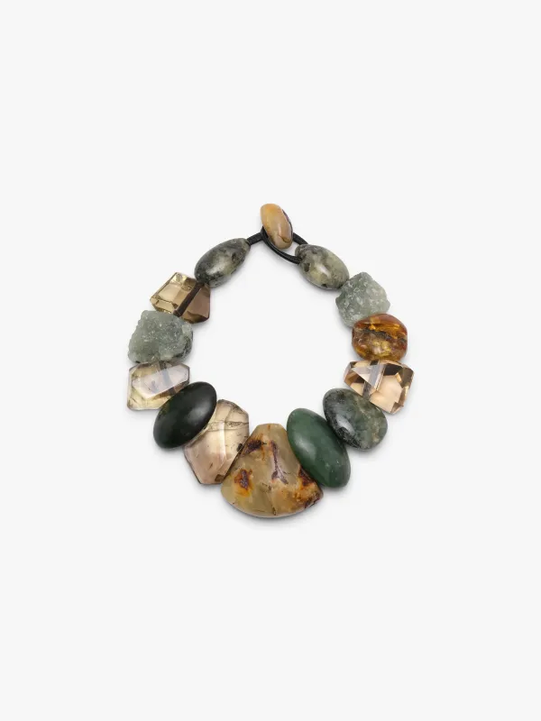 Necklace: amber, citrine, jade, serpentine sold by Monies