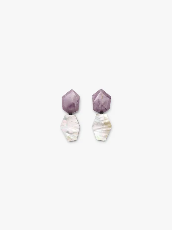 Earrings: mother of pearl, amethyst, bog oak sold by Monies
