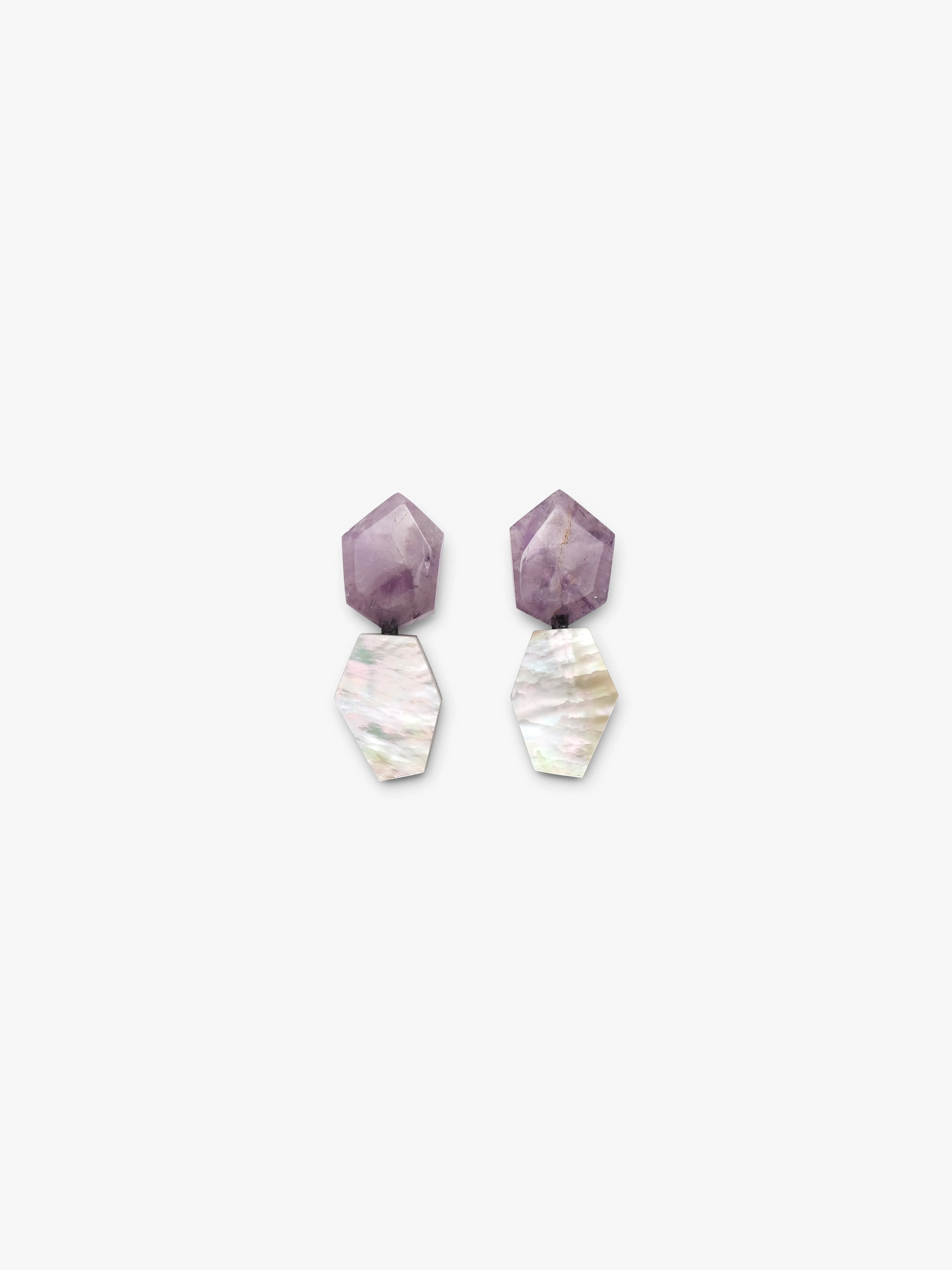 Earrings: mother of pearl, amethyst, bog oak sold by Monies