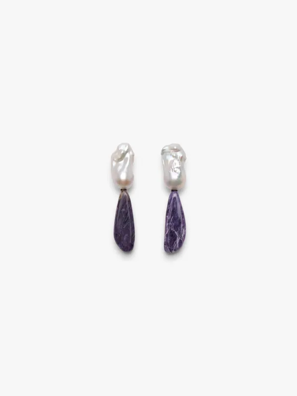 Earrings: baroque pearl, charoite sold by Monies