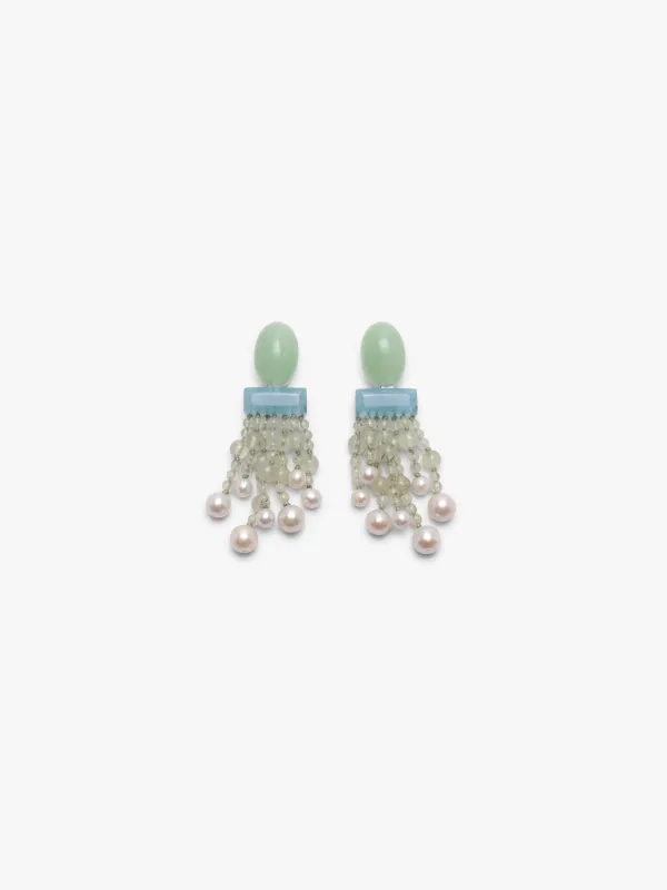 Earrings: prehnite, pearls, aquamarine sold by Monies