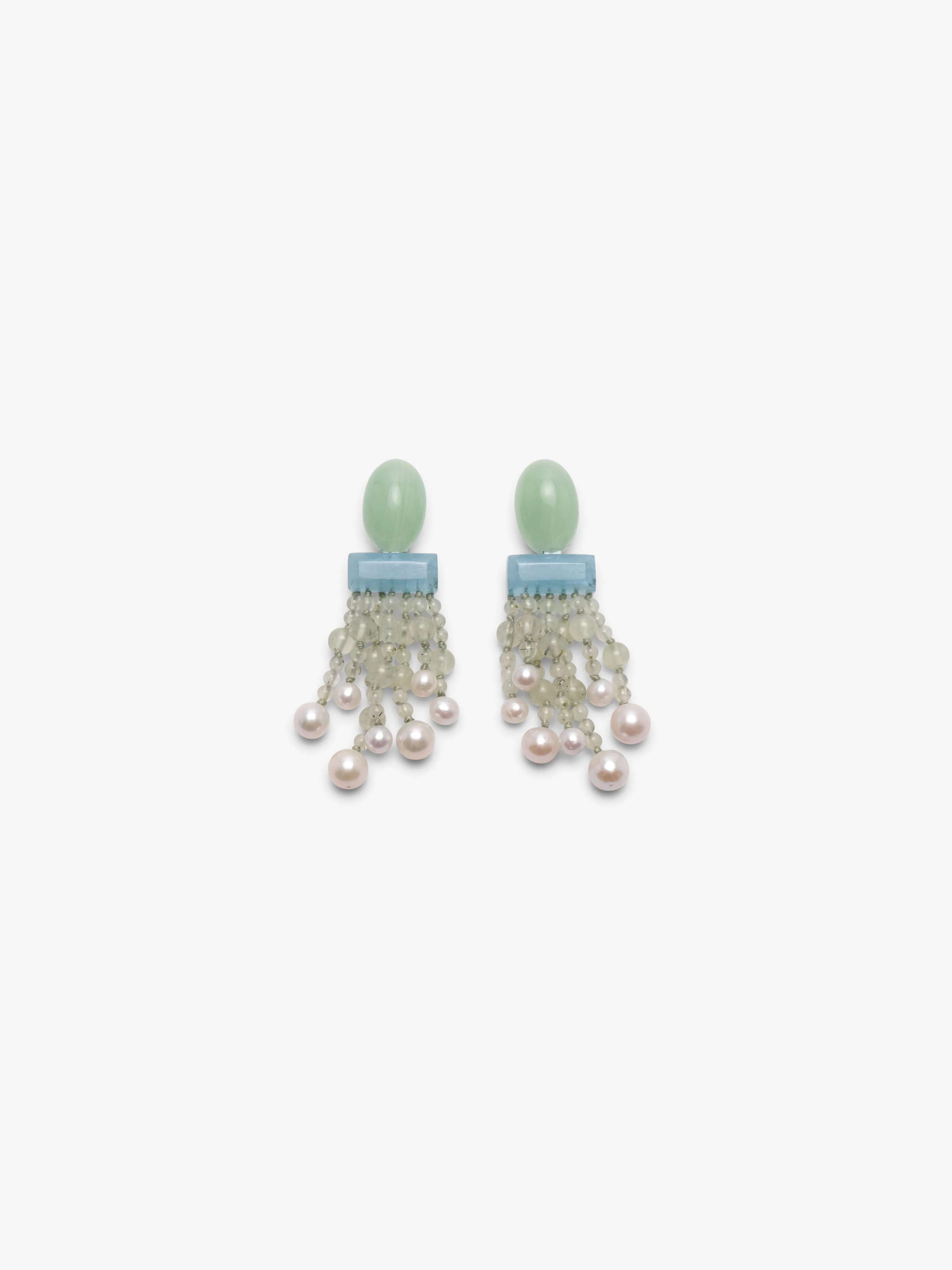 Earrings: prehnite, pearls, aquamarine sold by Monies