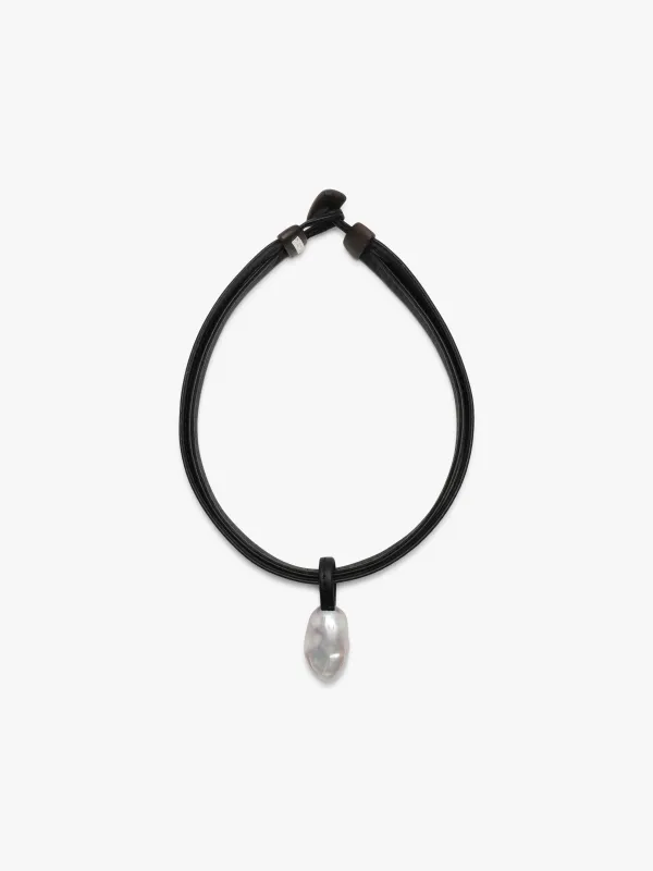 Charbon necklace: leather, baroque pearl sold by Monies