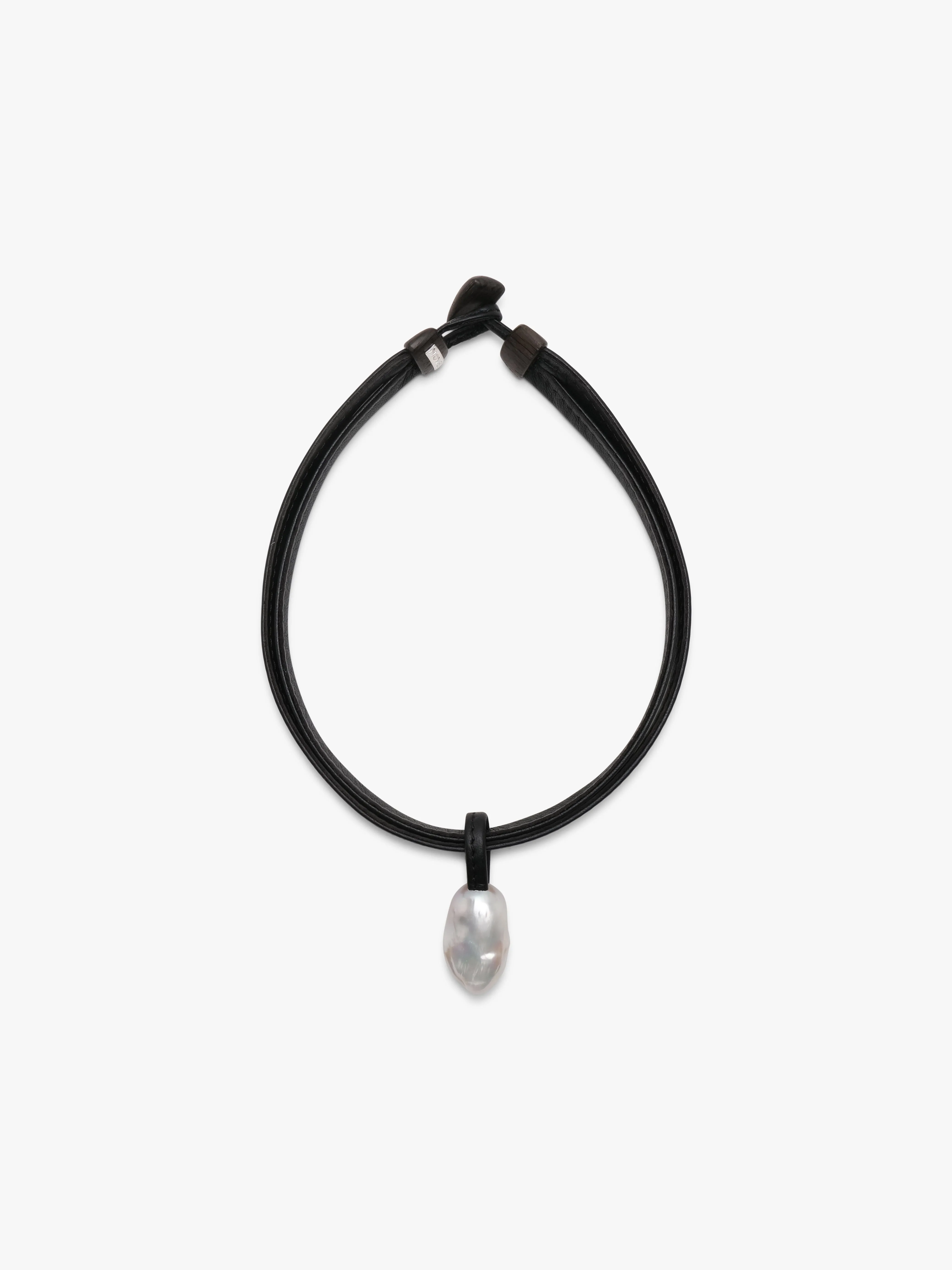Charbon necklace: leather, baroque pearl sold by Monies