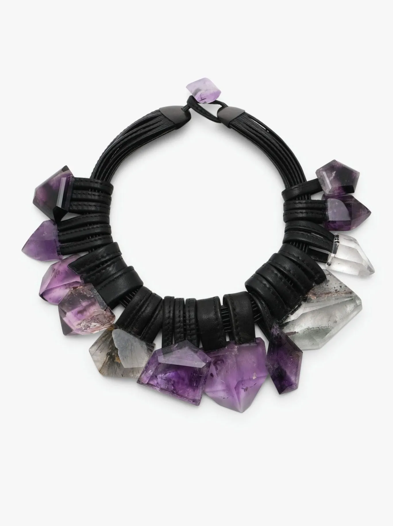 Necklace: leather, amethyst, rutilated quartz sold by Monies
