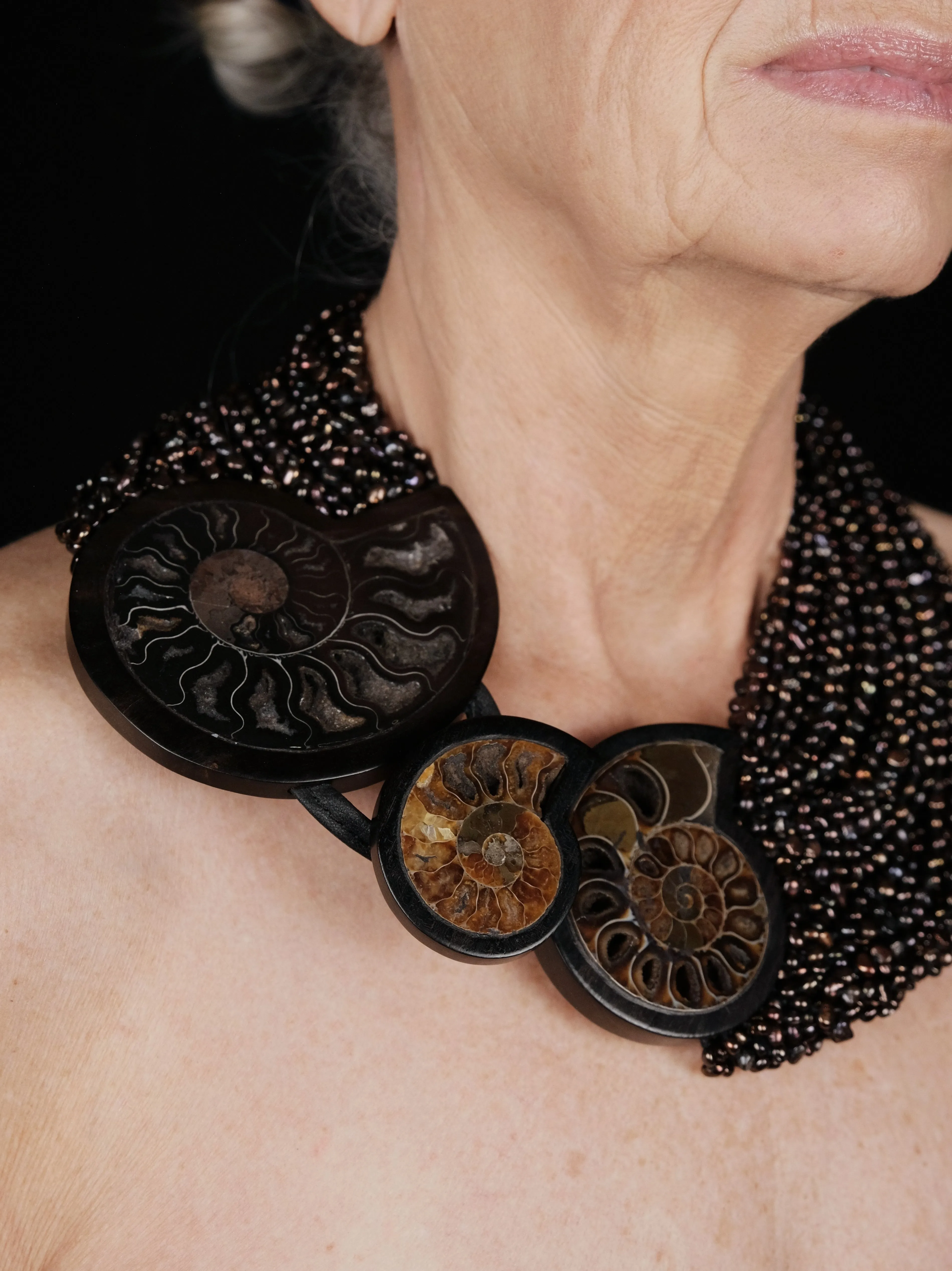 Necklace: amonite, ebony, pearls, leather sold by Monies product image thumbnail 5