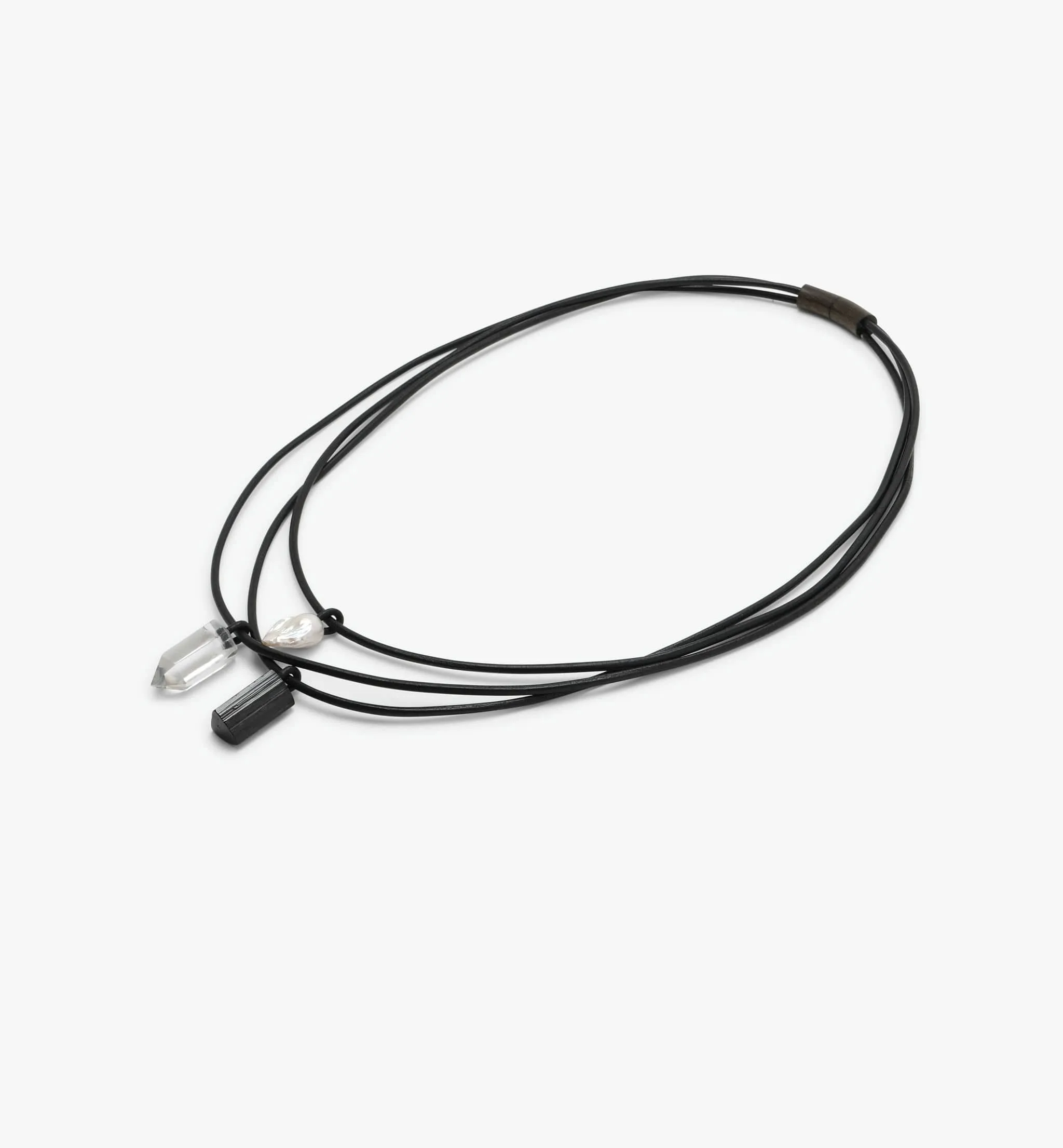 Mint necklace: leather, bog oak, baroque pearl, tourmaline, mountain crystal sold by Monies product image thumbnail 3