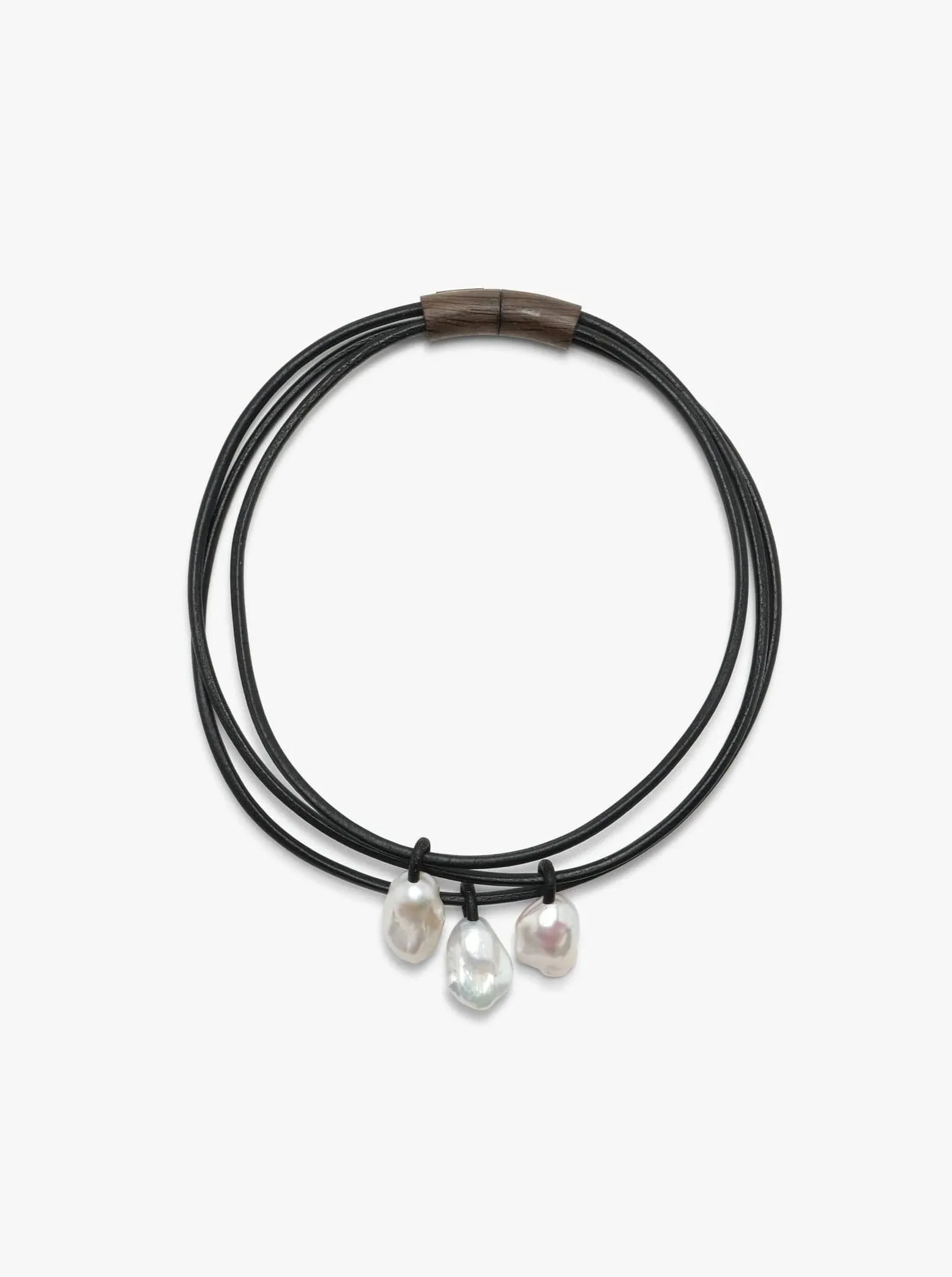 Mint necklace: leather, bog oak, baroque pearl sold by Monies