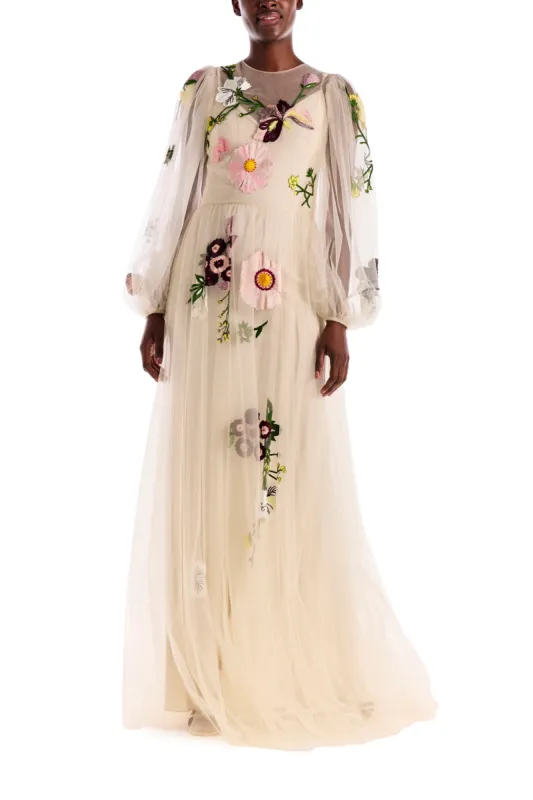 Jewel Neck Puffed Sleeve Embroidered Tulle Gown sold by Monique Lhuillier