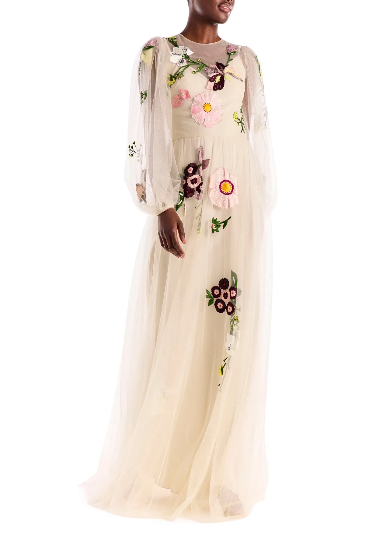 Jewel Neck Puffed Sleeve Embroidered Tulle Gown sold by Monique Lhuillier product image thumbnail 2