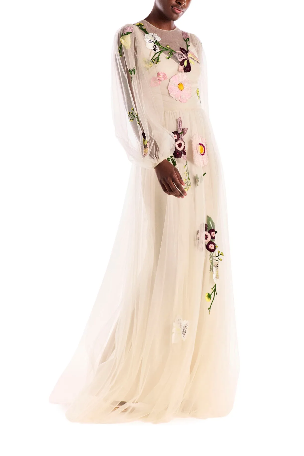 Jewel Neck Puffed Sleeve Embroidered Tulle Gown sold by Monique Lhuillier product image thumbnail 3