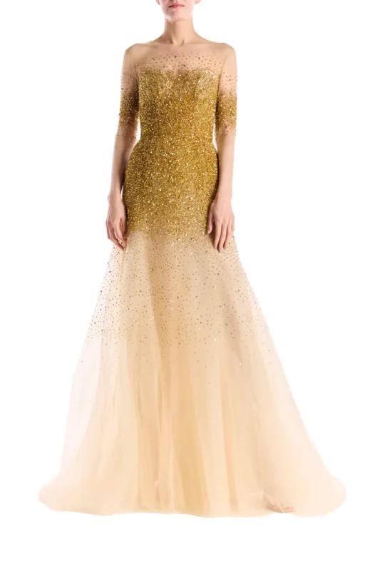 Gold Tulle Illusion Neckline Gown sold by Monique Lhuillier