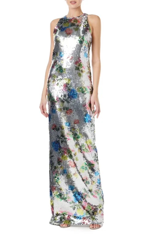 Printed Sequin Column Gown sold by Monique Lhuillier
