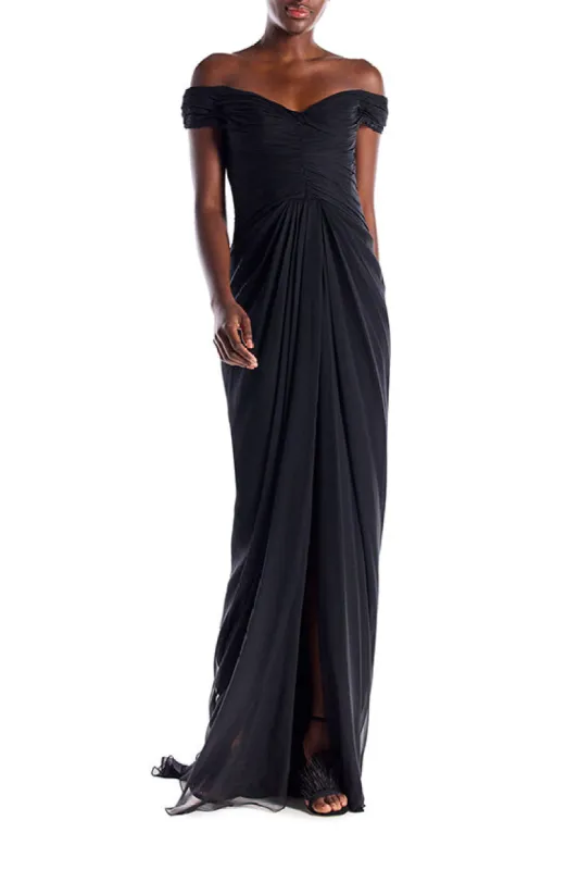 Off the Shoulder Draped Chiffon Gown sold by Monique Lhuillier
