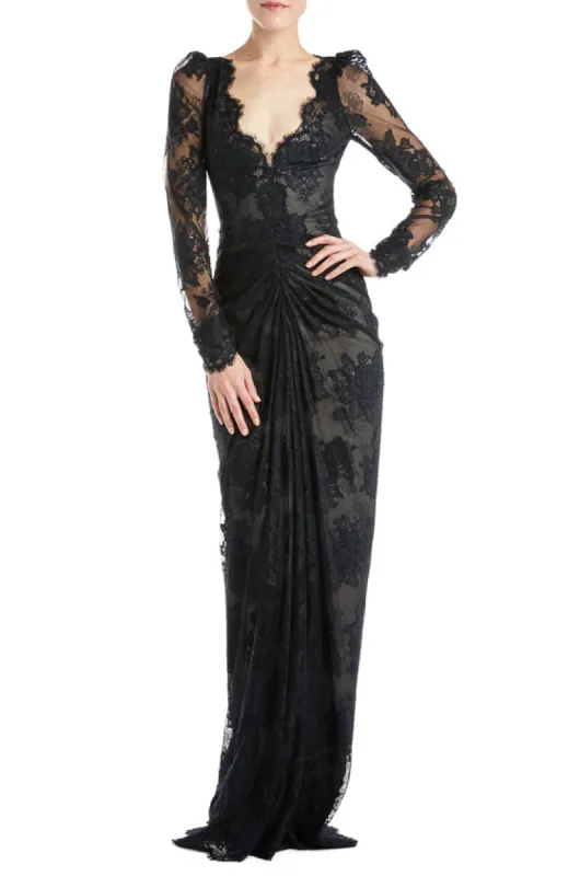 Ruched Long Sleeve Lace Gown sold by Monique Lhuillier
