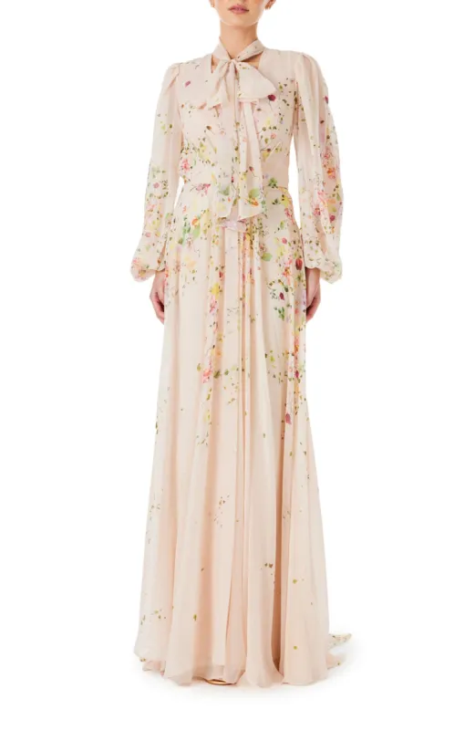 Floral Chiffon Long Sleeve Gown sold by Monique Lhuillier