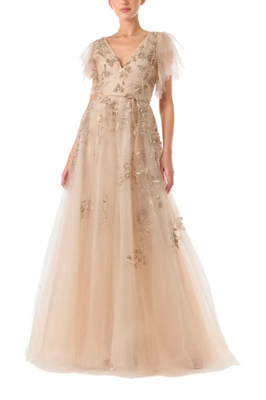 Embroidered Flutter Sleeve Gown sold by Monique Lhuillier