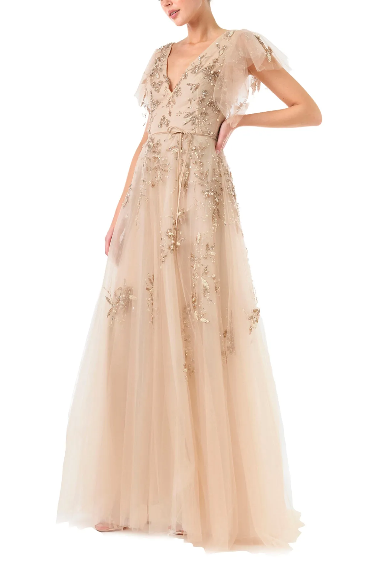 Embroidered Flutter Sleeve Gown sold by Monique Lhuillier product image thumbnail 3