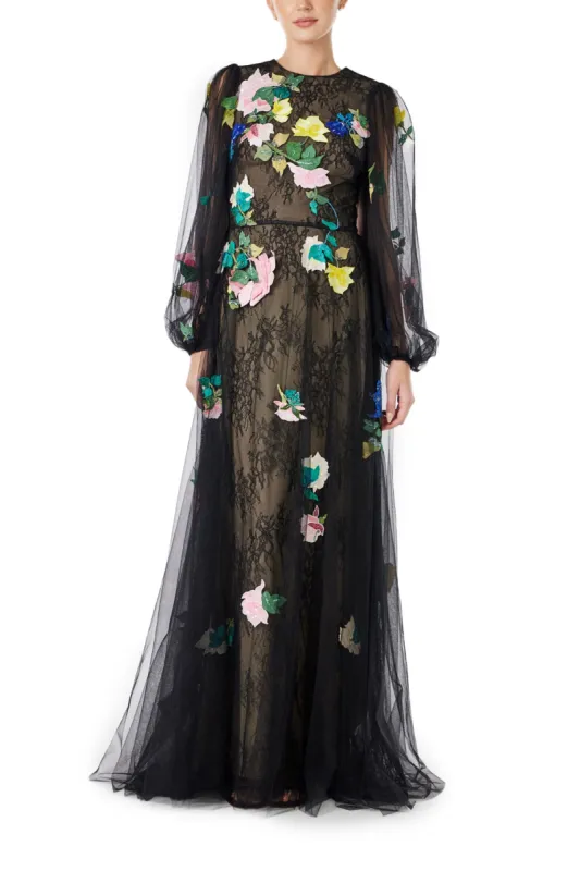 Long Sleeve Embroidered Tulle Gown sold by Monique Lhuillier