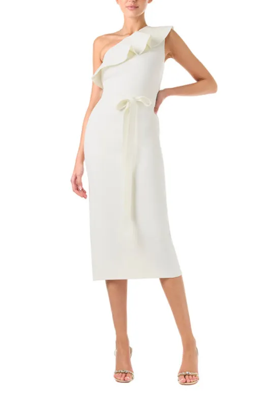 One Shoulder White Ruffle Knit Dress sold by Monique Lhuillier