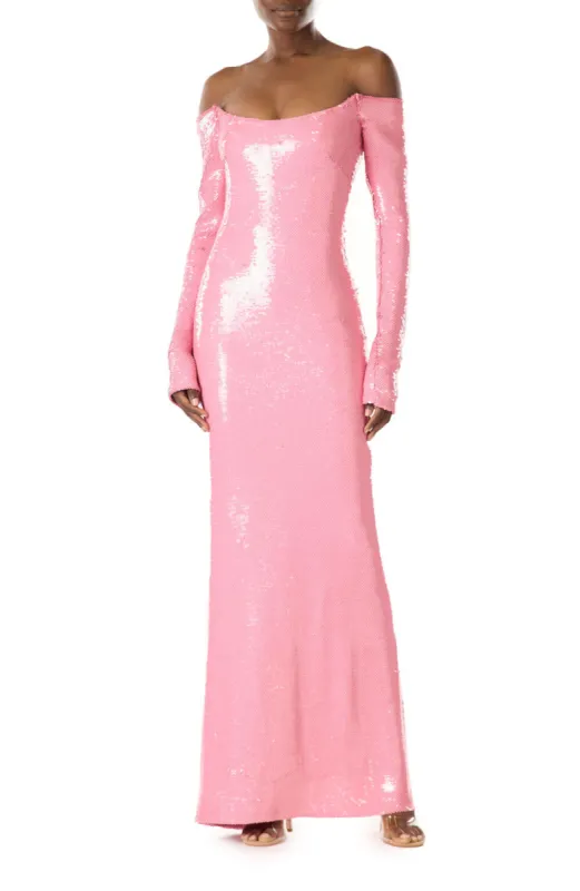 Off the Shoulder Sequin Gown sold by Monique Lhuillier