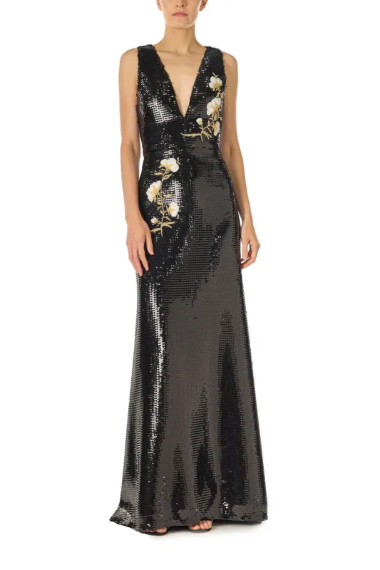 Embroidered Sequin V-Neck Gown sold by Monique Lhuillier