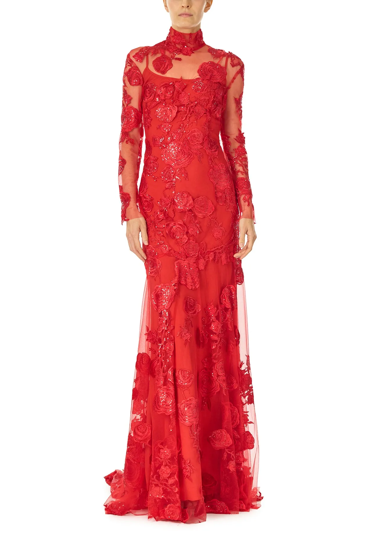 Long Sleeve Embroidered Tulle Gown sold by Monique Lhuillier