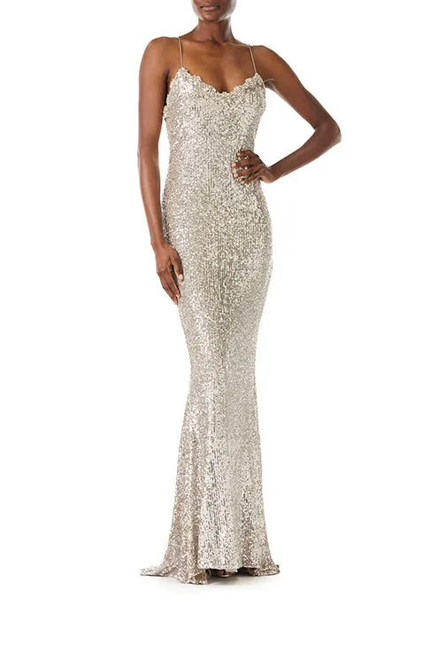 Spaghetti Strap Sequin Gown sold by Monique Lhuillier