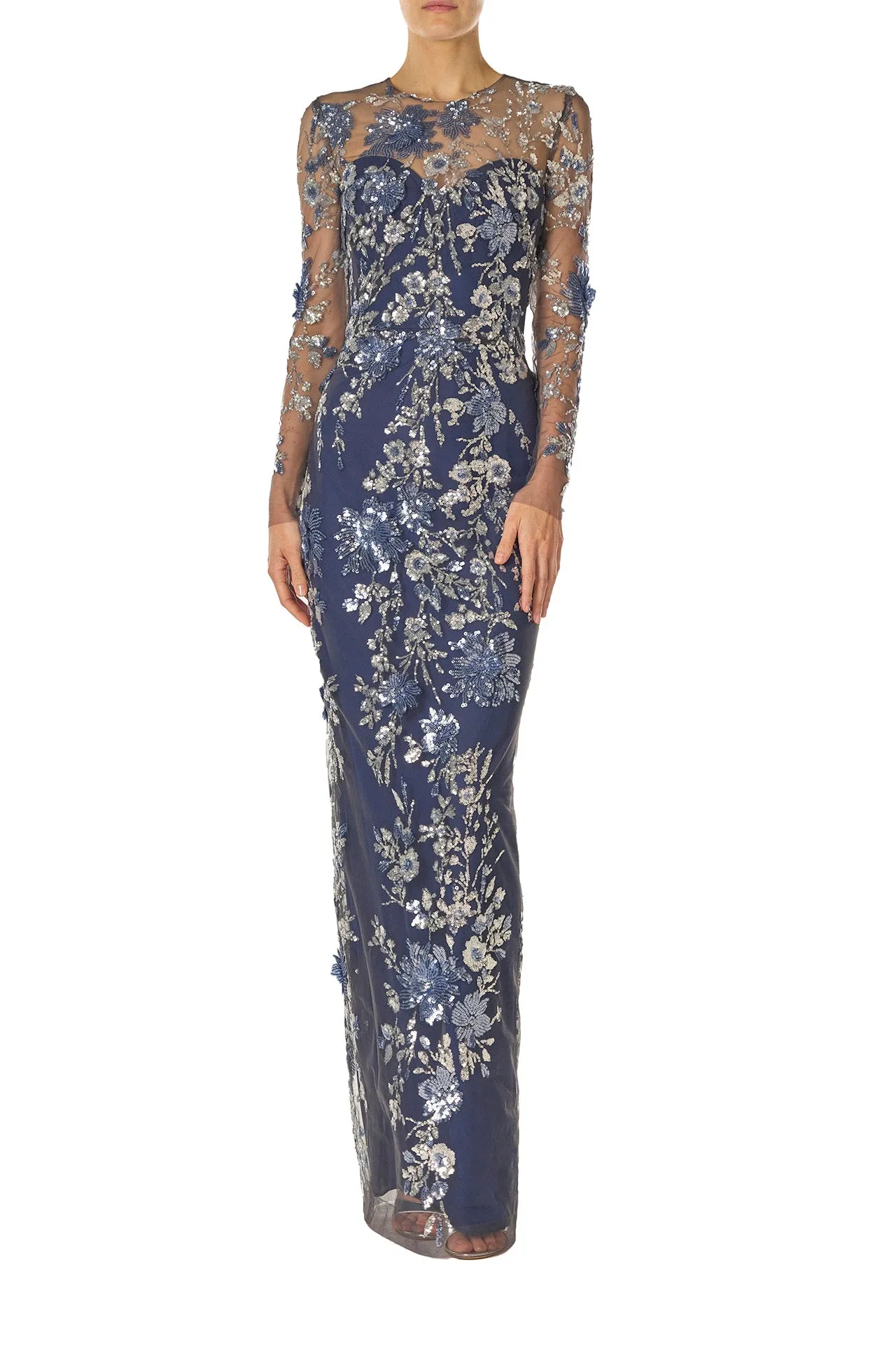 Long Sleeve Illusion Sequin Gown sold by Monique Lhuillier