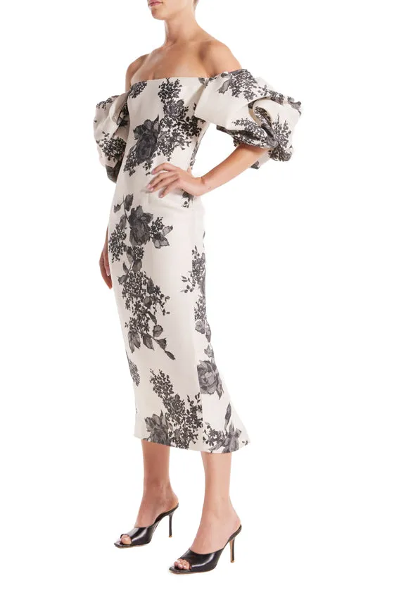 Off the Shoulder Puff Sleeve Column Dress sold by Monique Lhuillier
