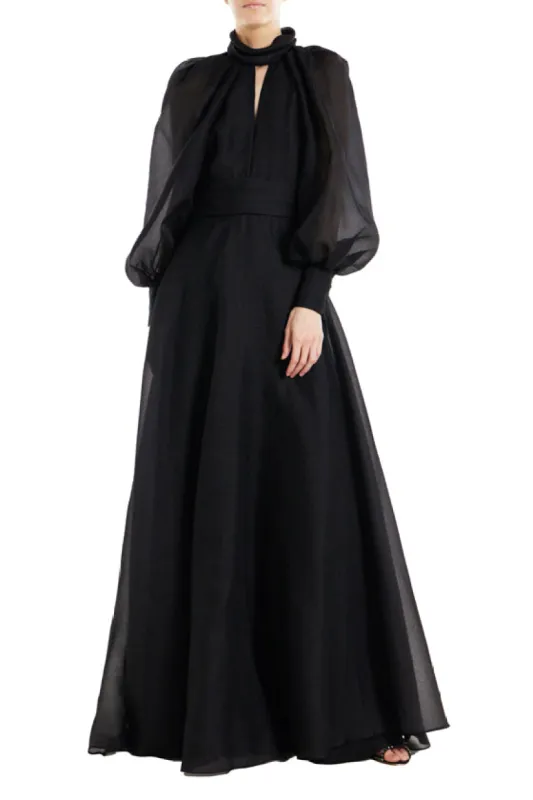 High Neck Deep V Bodice Puff Sleeve Gown sold by Monique Lhuillier