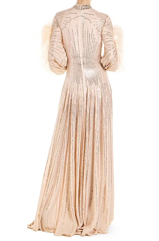 High Neck Feather Trim Long Sleeve Gown sold by Monique Lhuillier product image thumbnail 4