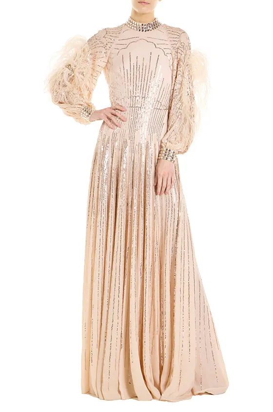 High Neck Feather Trim Long Sleeve Gown sold by Monique Lhuillier product image thumbnail 2