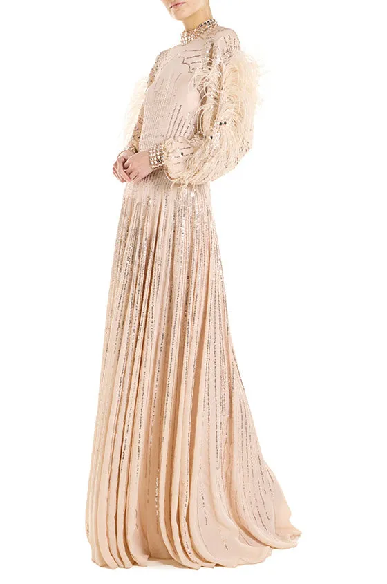 High Neck Feather Trim Long Sleeve Gown sold by Monique Lhuillier product image thumbnail 3