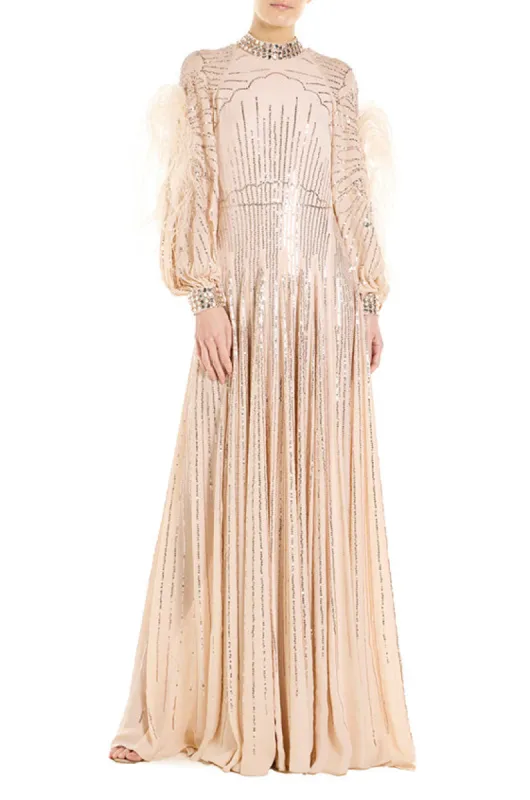 High Neck Feather Trim Long Sleeve Gown sold by Monique Lhuillier