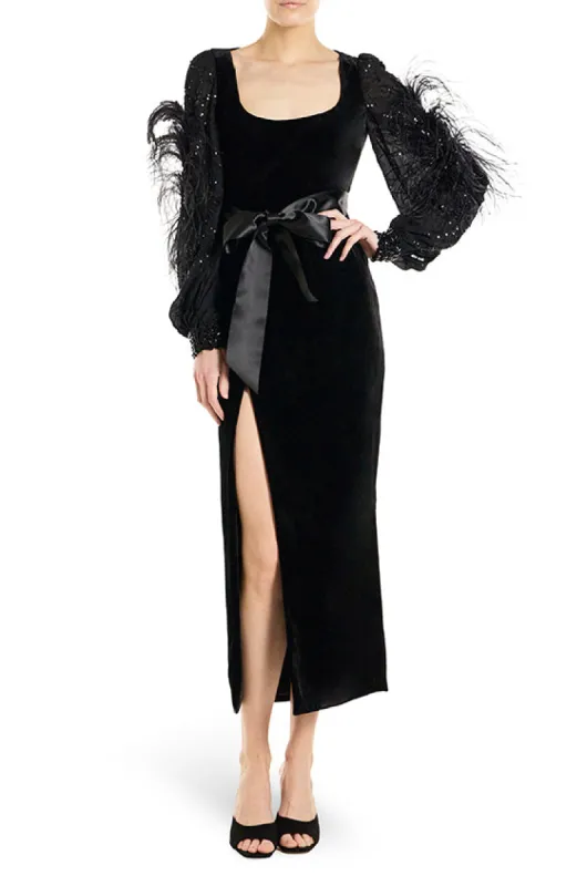 Scoop Neck Feather Trim Long Sleeve Gown made by Monique Lhuillier
