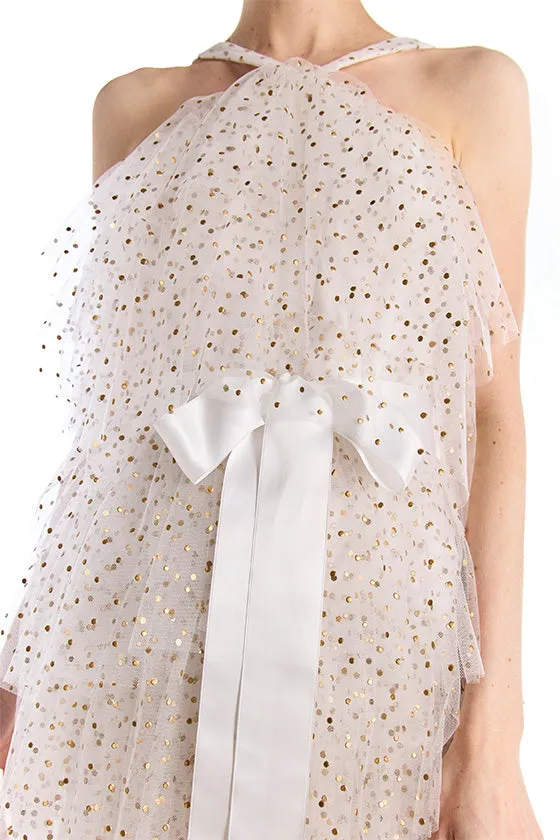 Halter Neck Tiered Dotted Cocktail Dress | Silk White Gold sold by Monique Lhuillier product image thumbnail 4
