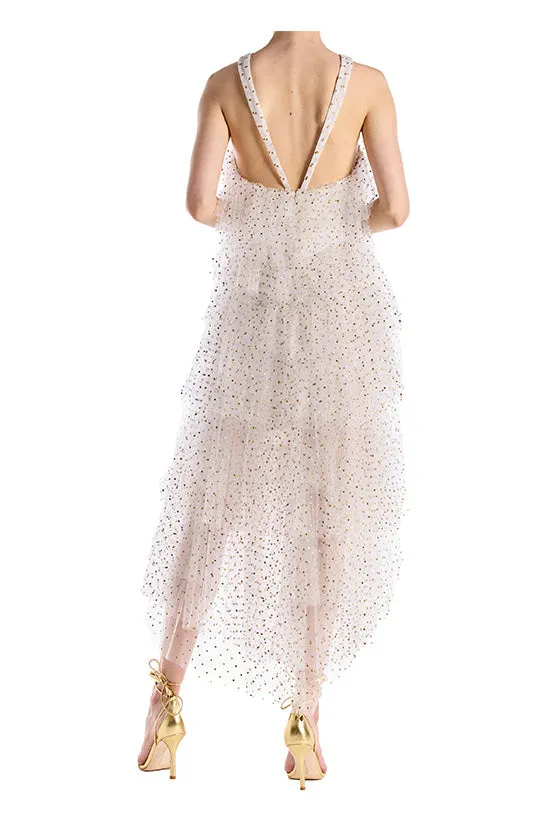 Halter Neck Tiered Dotted Cocktail Dress | Silk White Gold sold by Monique Lhuillier product image thumbnail 5