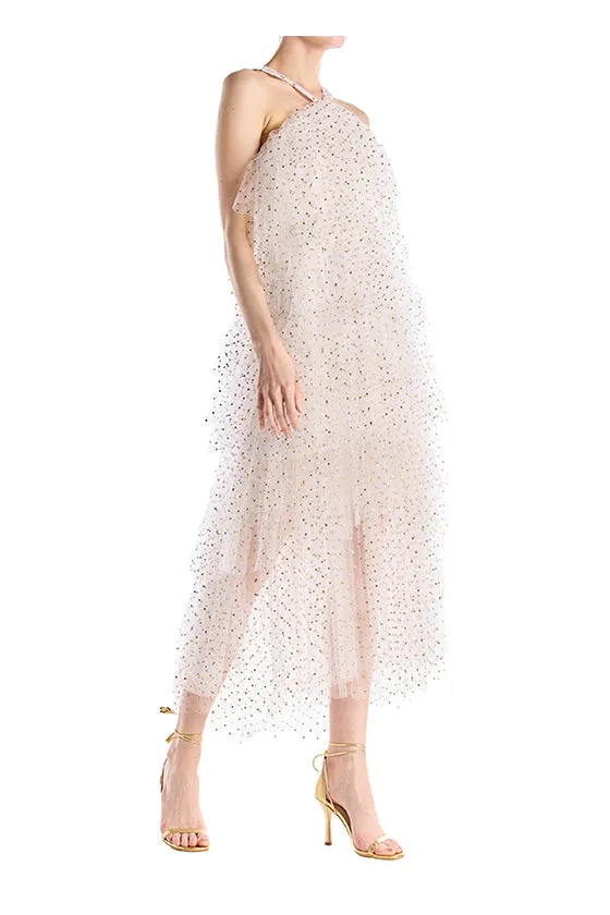 Halter Neck Tiered Dotted Cocktail Dress | Silk White Gold sold by Monique Lhuillier product image thumbnail 3