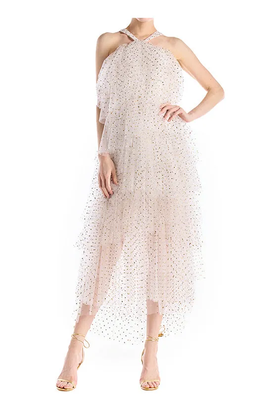 Halter Neck Tiered Dotted Cocktail Dress | Silk White Gold sold by Monique Lhuillier
