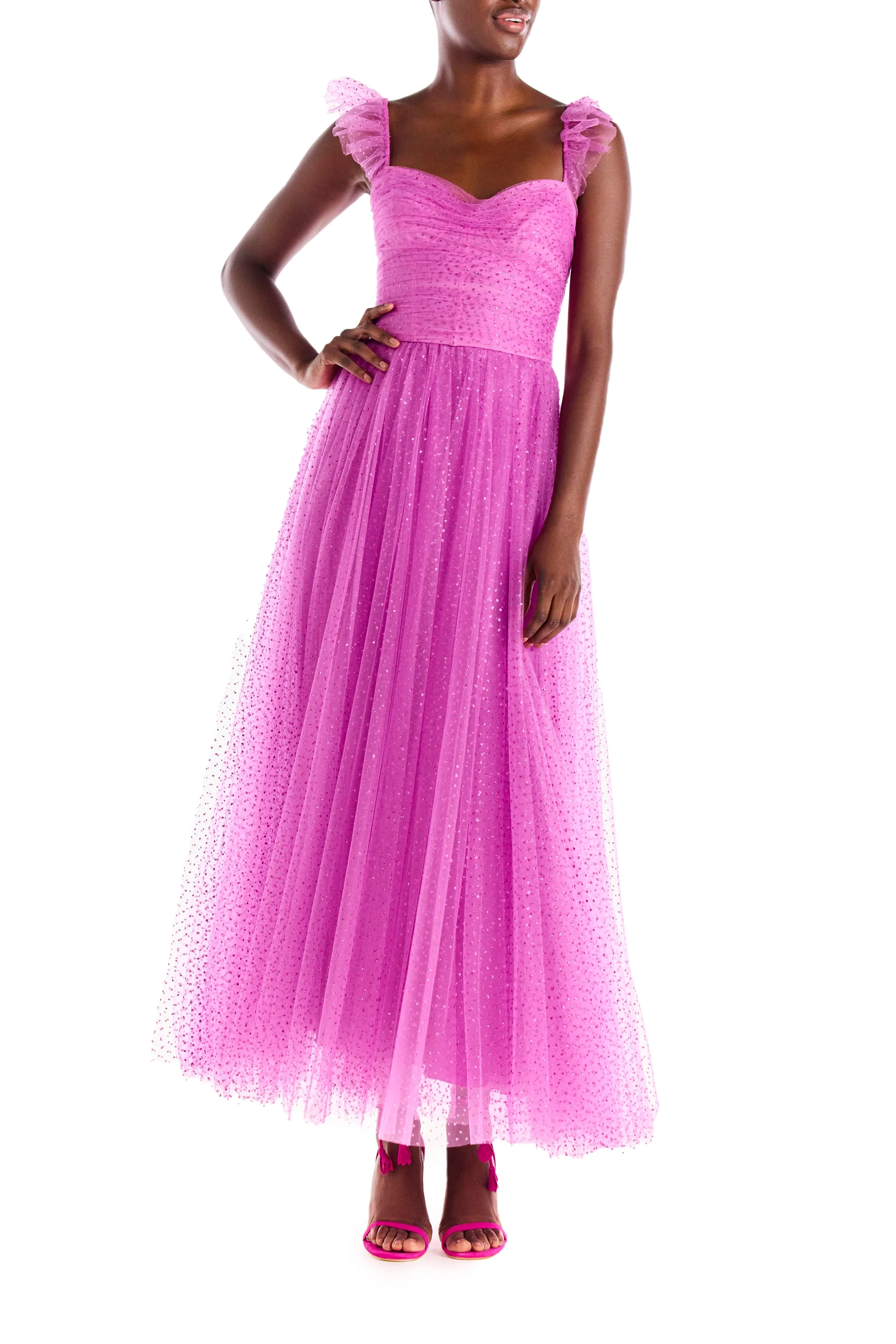 Ruffle Sleeve Glitter Tulle Cocktail Dress sold by Monique Lhuillier product image thumbnail 3