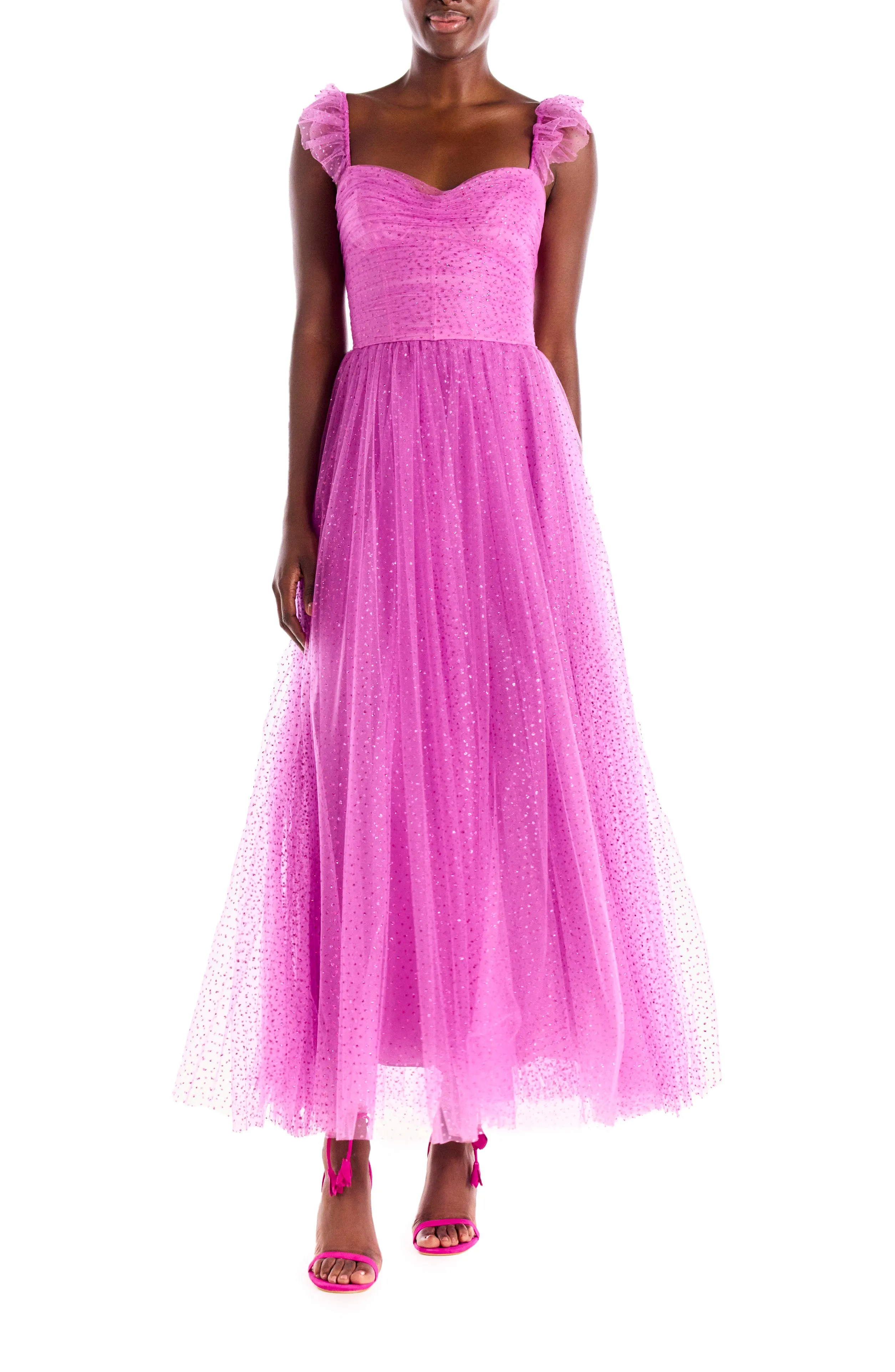 Ruffle Sleeve Glitter Tulle Cocktail Dress sold by Monique Lhuillier