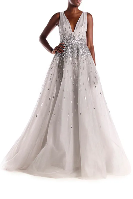 Embroidered V-Neck Metallic Tulle Gown sold by Monique Lhuillier