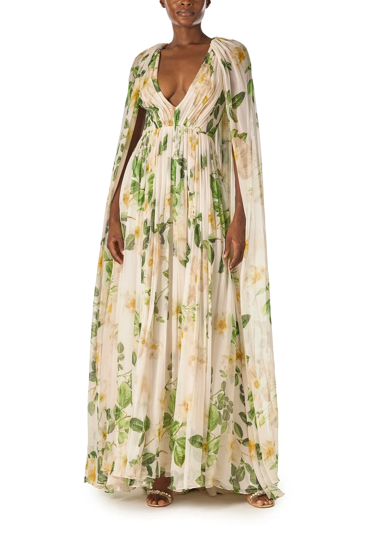 Floral Chiffon Deep V-Neck Gown sold by Monique Lhuillier